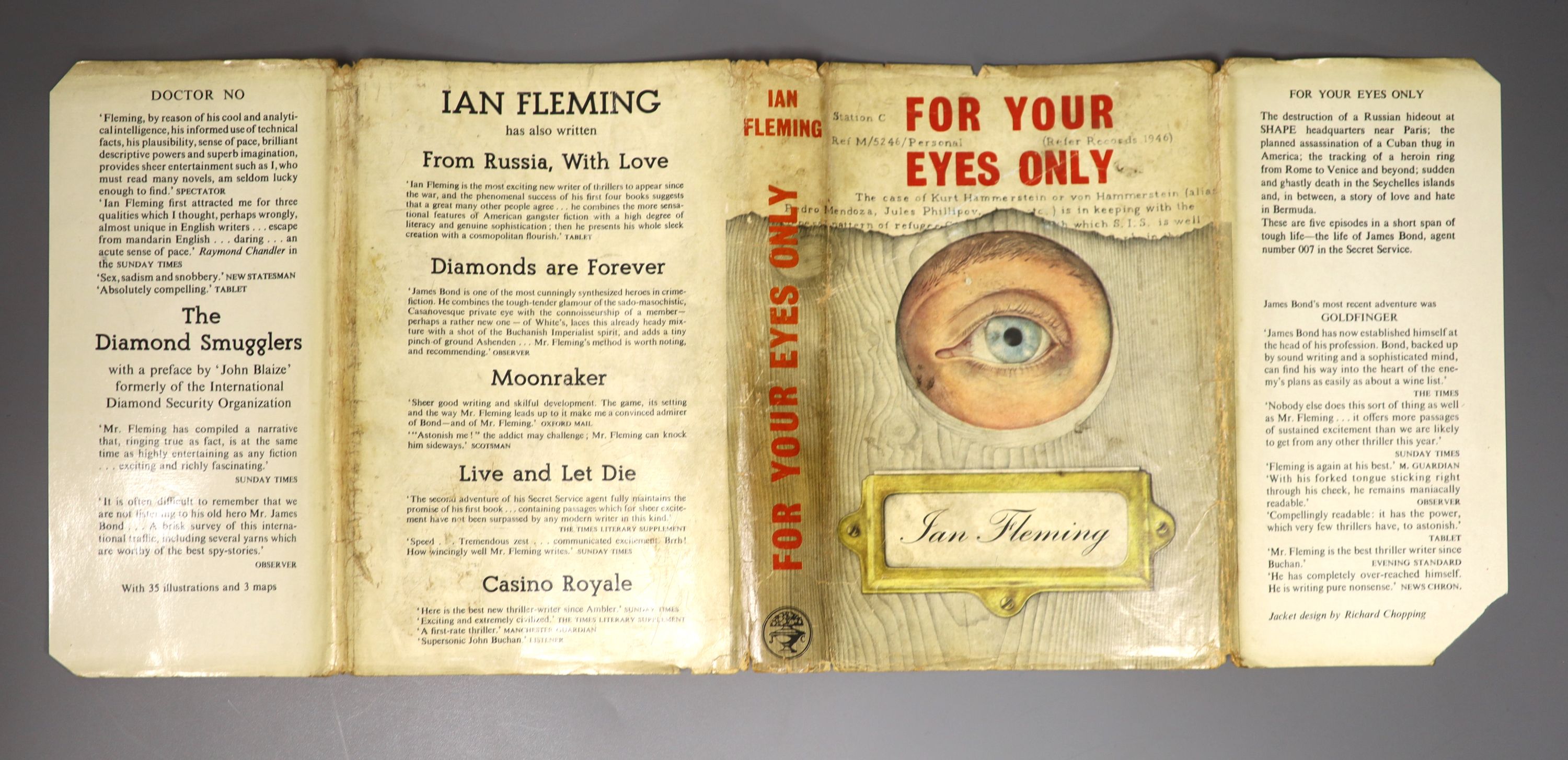 Fleming, Ian - For Yor Eyes Only, 1st edition, 1st impression, original cloth with biro inscribed date to front fly leaf, in clipped d/j designed by Richard Chopping, London, 1960